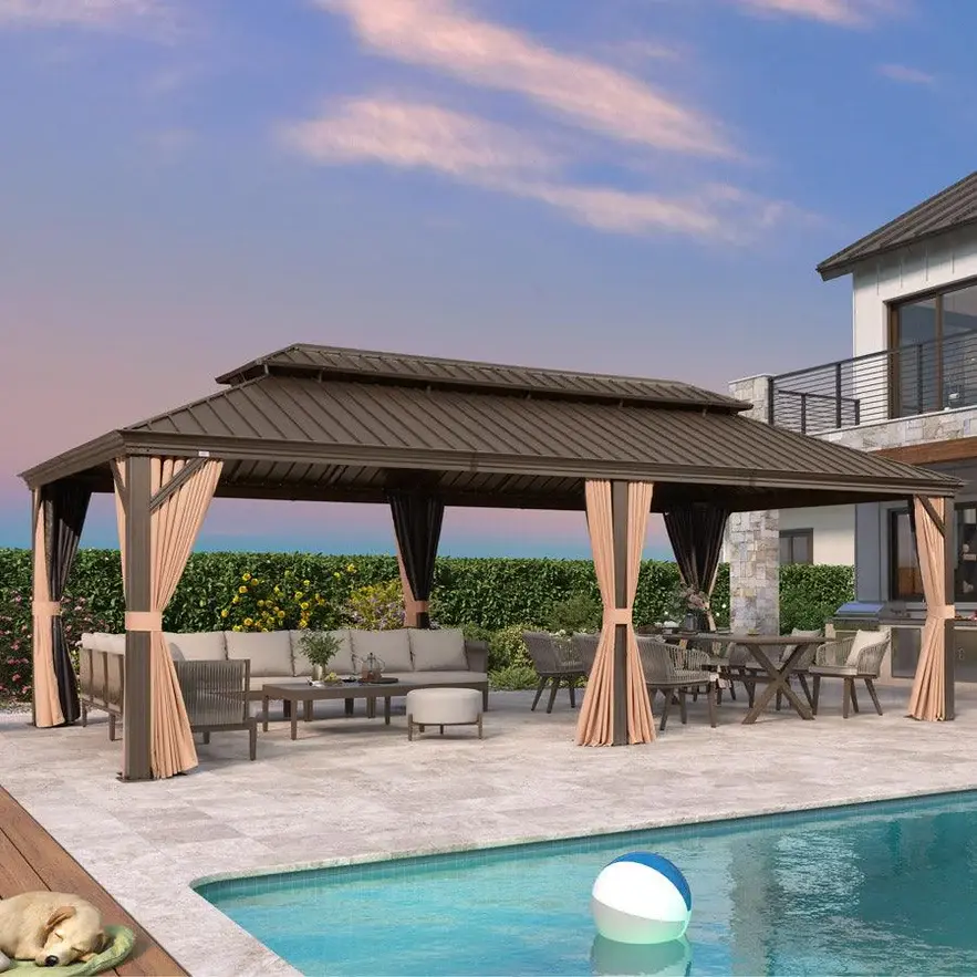 PURPLE LEAF 12' x 24' Outdoor Hardtop Gazebo For Garden | Double Roof Bronze Aluminum Frame