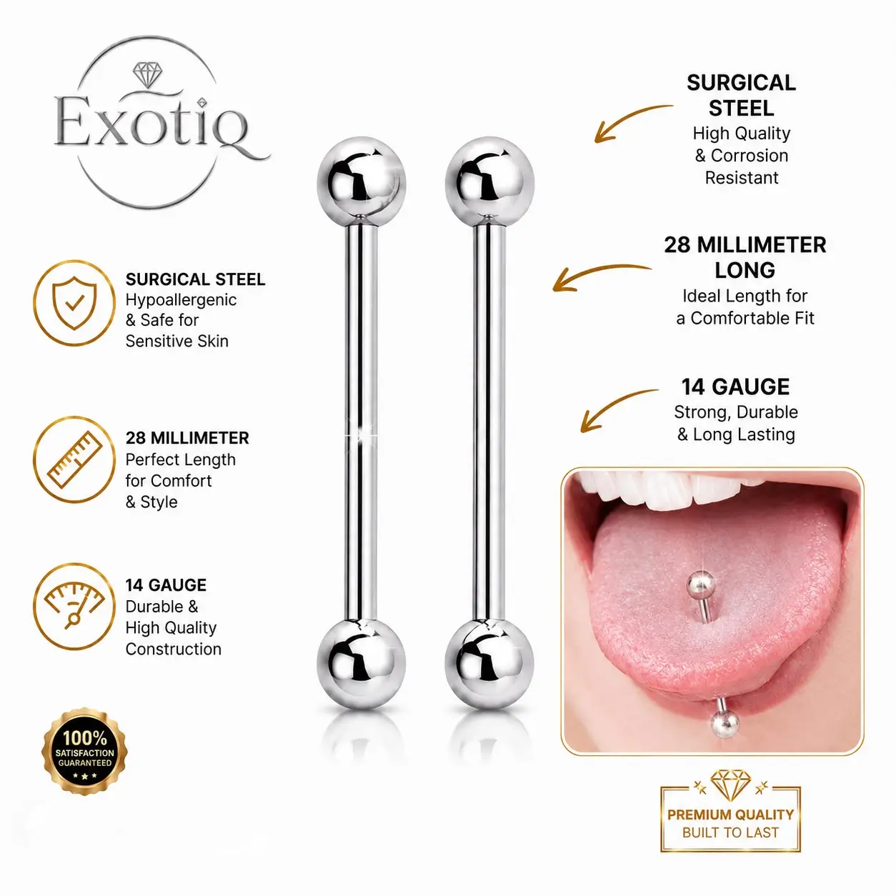 14 Guage Barbell surgical steel hypoallergenic for Nipple/Toung Piercing 1 Pair