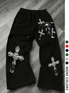 Men's Casual Sporty Long Pants, Thorns Pattern Print, Drawstring Wide Leg Loose Fit, All Season Wearable Men's Clothing, Sports Casual Pants, Sports Bottoms, Casual Sporty Trousers
