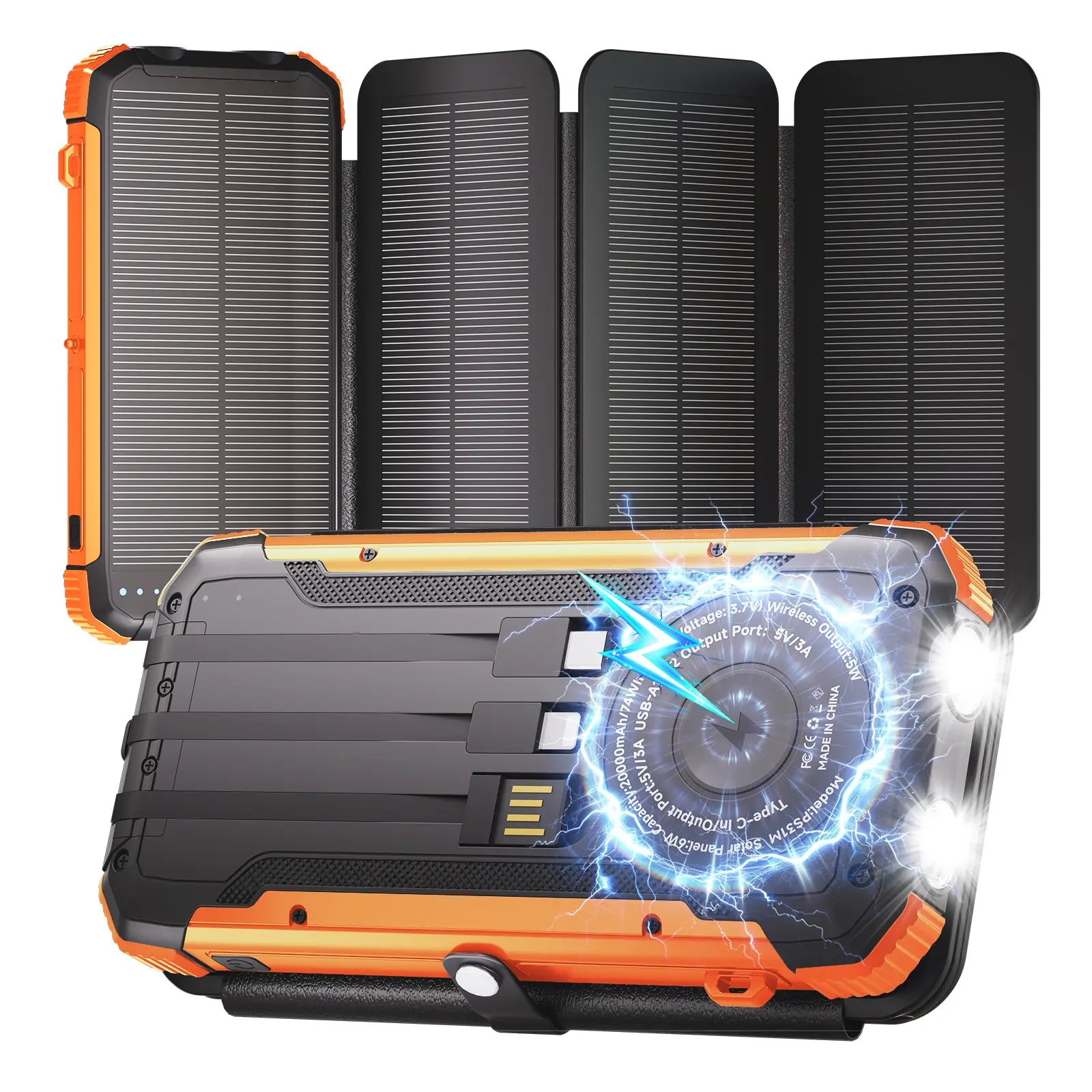 20000mAh Solar Power Bank with 4 Foldable Solar Panels, Built-in Wireless Charging, PD 15W Fast Charging, 3 Built-in Cables, 6 Charging Ports, Portable Solar Charger with Dual Flashlights and Carabiner, Compatible with All Mobile Devices Waterproof USB ti