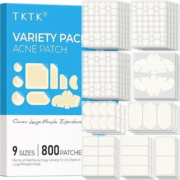 TKTK 800 Count Multi-Size Hydrocolloid Pimple Patches Variety Pack - 9 Sizes, 7 Shapes, Blemish Spot Treatment Acne Pads for Face & Body Overnight Breakout Covers