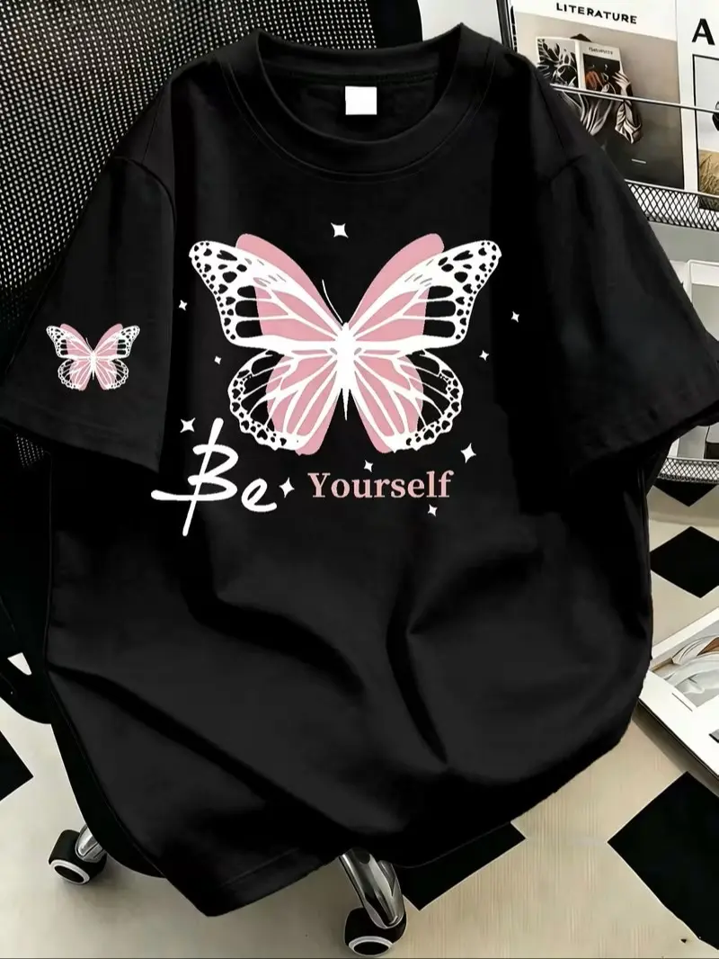 Men's Pink Butterfly Graphic Cotton T-Shirt - Star Print Inspirational Short-Sleeve Top with Breathable, Comfortable Fabric