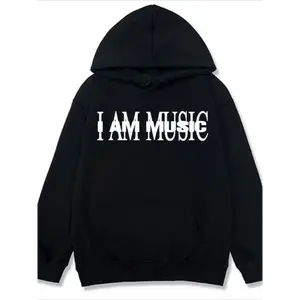 Men's "I Am Music" Graphic Hoodie - Black Casual Vintage Style, Long Sleeve Pullover for Fall/Winter, Perfect for Halloween & Christmas, Cozy Pullover | Vintage Style Hoodie | Comfortable Fit Hoodie