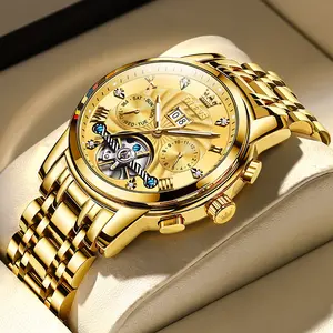 OLEVS Men's Automatic Watch Stainless Steel Skeleton Mechanical Date Calendar Luxury Classic Business Waterproof Luminous Wristwatch