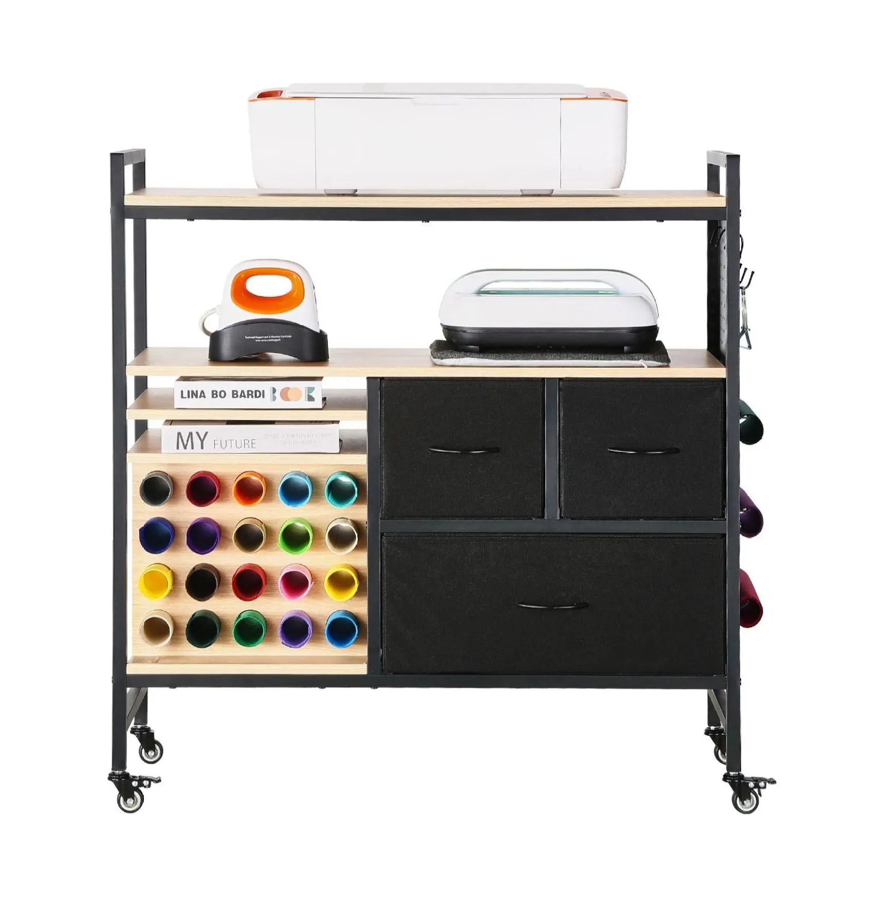 Craft Cart with Storage, Rolling Cricut Table, Craft Organization Workstation, 20 Vinyl Roll Holders, 3 Drawers, Black 20 Storage Bins