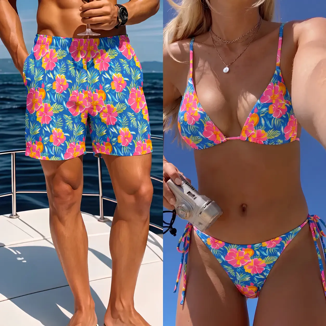 Matching Couple Tropical Hibiscus Swimwear Set – Women's Triangle Bikini & Men's Drawstring Swim Trunks