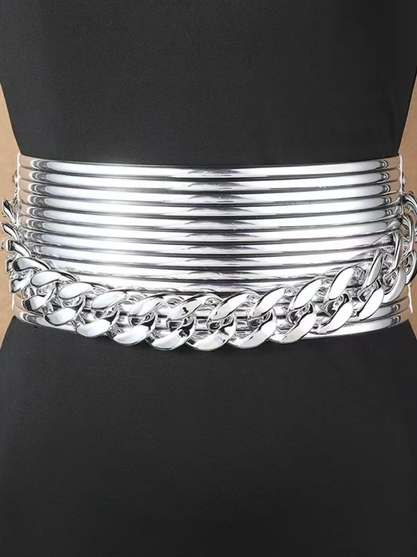 Grunge Silver Color Multi-Ring Chain Waist Belt, Statement Wide Corset for Women, Casual PU Material, All Seasons Fashion Accessory, Statement Belts