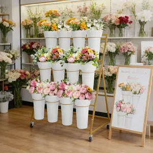 Garvee 3-Tier Metal Flower Display Cart with 12 Removable Buckets and Lockable Wheels – Heavy Duty Mobile Plant Stand for Garden, Patio, Florist Shop, Wedding, Café