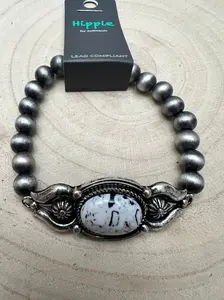 Faux White Buffalo and Sterling Pearl Stretch Bracelet