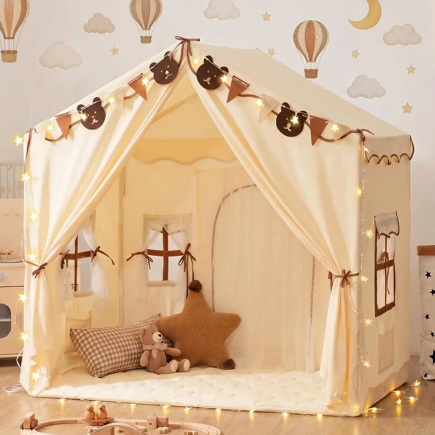 Kids' 2-in-1 Polyester Play Tent & Toddler Playhouse (3–4 Years) with Padded Mat, Star Lights, Flags, 51"x35"x51" Bed Tent Design, Peach Skin Fabric, Dual Doors, 4 Windows, 2 Storage Pockets