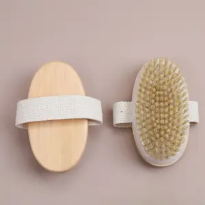 Oval wooden boar bristle dry brush with strap, exfoliating bath massage brush
