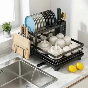 2-Tier 304 Stainless Steel Dish Drying Rack, Extra Large Capacity Auto-Draining Detachable Kitchen Organizer with Drainboard & Utensil Holder (Black)