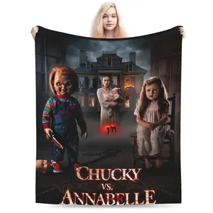 Chucky and Annabelle horror movie themed print plush blanket - all seasons, suitable for bed, sofa, travel, Halloween decoration