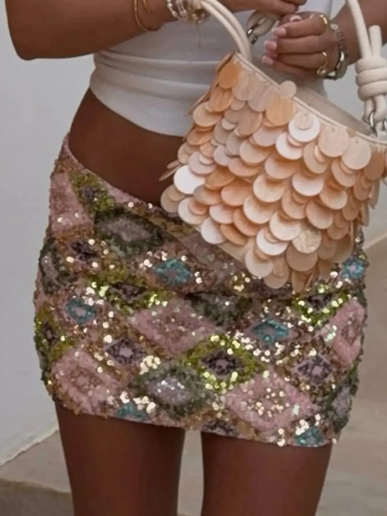 Geometric Sequins Embroidered Short Skirt, Low Waist Fashion Party Vacation Bodycon Sexy Half Skirt for Women Summer, Stretch Skirt, Chic, Multicolor, Floral Printed Skirt