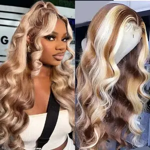 Yeswigs 13x4 Body Wave Highlight Ombre Lace Front Wig Human Hair Lace Front Wig Transparent HD Lace Frontal Wigs Human Hair 180% Density #27/613 Colored Straight Wigs Honey Blonde 13X4 Glueless Wigs Human Hair Pre Plucked Pre Cut Colored Wigs For Women