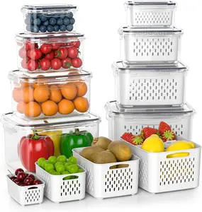 6-Pack Fruit Storage Containers for Fridge with Removable Colanders, 4 in 1 Produce Storage Containers with Lids, Leakproof Fridge Organizer Bins for Salad Berry Lettuce Vegetables Meat Keeper Fresh