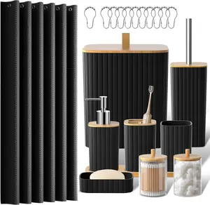 Black Bathroom Set with Shower Curtain, Trash Can, Toilet Brush Holder, Soap Dispenser, and More, Modern Bathroom Accessories