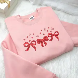 Coquette Bow Christmas Embroidered Sweatshirt, Embroidered Christmas Crewneck Shirt, Cozy Winter Sweater, Christmas Gift for Her