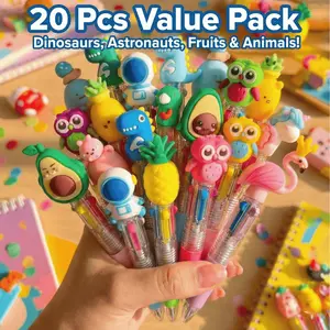20 Pack Mini 4-in-1 Shuttle Pens with Detachable 3D Cartoon Toppers, Retractable Multicolor Ballpoint (0.5mm) for Kids Party Favors, Classroom Rewards & Goodie Bag Stuffers, BPA-Free Non-Toxic Silicone educational learning tools, Mother's Day Gifts