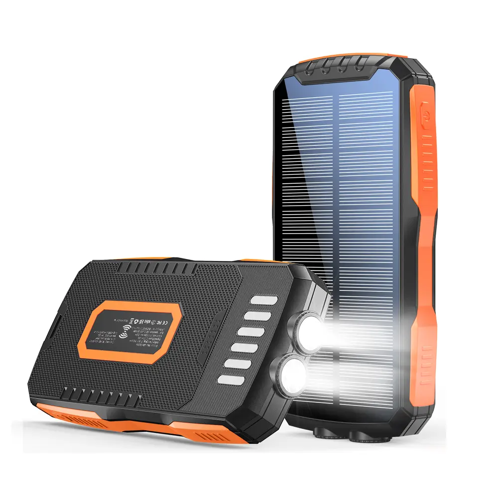 Citicr 30000mAh Wireless Charging Solar Power Bank - Mobile Smartphone Accessories, Extended Capacity Chargeable External Battery Pack, 2 USB Outputs, LED Lamp, Waterproof Dustproof for Outdoor Camping, Mountain Climbing