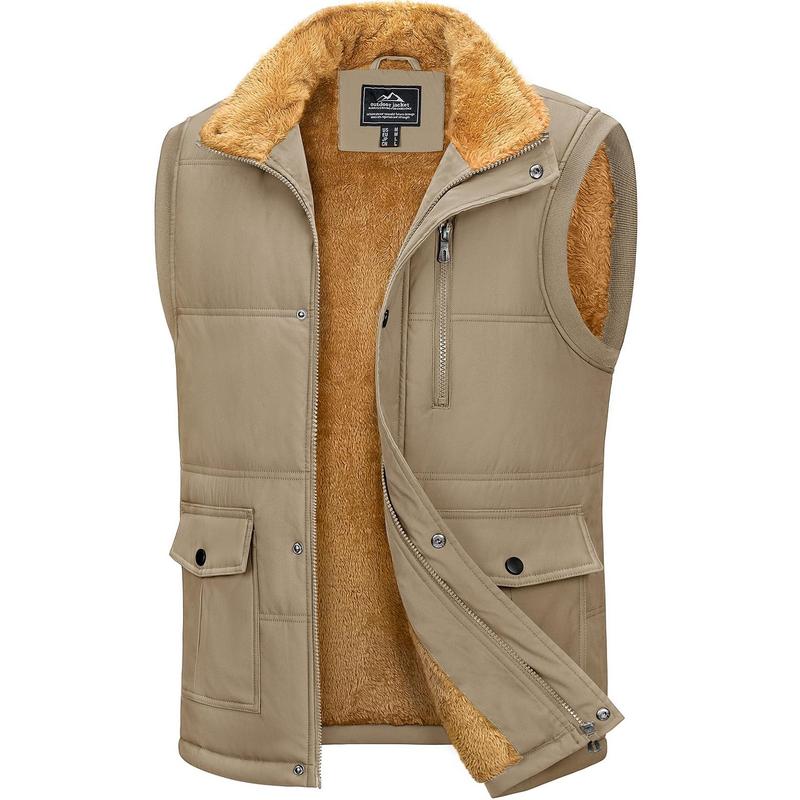 MAGCOMSEN Men's Fitted Plain Sleeveless Polyester Fleece-Lined Puffer Vest, Menswear Collared Neck Tops with Stand-Up Zipper, 2 Side Pockets, Warm Quilted Sherpa Outerwear for Camping