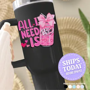 Cute 40oz Black Tumbler with Handle | Pink Soda Design Cup | Stainless Steel Insulated Travel Mug for Women Cute tumbler + soda girl aesthetic = obsessed  #tiktokshop #tumbler #cutecup #giftforher #drpepperlovers