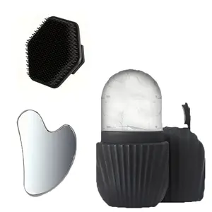 3 Piece Soothing Lightweight Facial Cleansing Tools Set, Stainless Steel Heart Shaped Gua Sha Board, Ice Rolling Tool, Gentle Silicone Face Brush, Facial Cleanser Brush for Skincare, Ice Roller