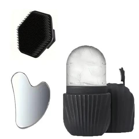 3-Piece Soothing Lightweight Facial Cleansing Tools Set, Stainless Steel Heart-Shaped Gua Sha Board, Ice Roller and Gentle Silicone Face Brush, Facial Cleanser for Skincare and Beauty, Beauty Equipment