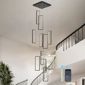 Garwarm Modern Foyer Chandelier for High Ceilings,10 Rectangle Dimmable Led High Ceiling Chandelier with Remote Control,Black Large Chandelier Staircase Pendant Light Fixture for Entryway?3000-6500Kelier
