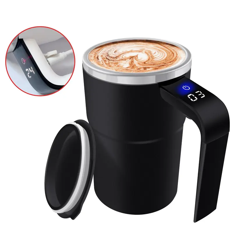 Rechargeable Automatic Self-Stirring Travel Mug - 304 Stainless Steel Liner Drink Cup, 0-500 ml Capacity, LCD Temperature Display Mug, ABS+Stainless Stir Bar, Water-Resistant, Portable for Commuting (Black)