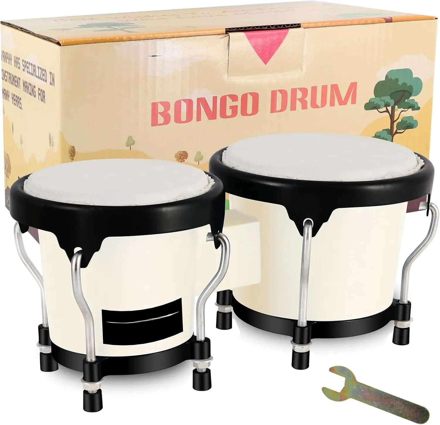 Durable Bongo Drum Set, 4'' & 5'' Tunable Percussion Instruments for Adults Beginners, Includes Tuning Wrench & Storage Box (White)