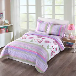 2/3 Piece Cute Girls Floral Ladybug Quilt Set, Pink Purple Striped Patchwork Quilted Bedspread with Pillowcases, Soft Breathable Bedding, Kids Bedroom Decor