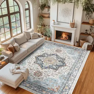 GARVEE Washable Area Rug 9x12, Vintage Retro Carpet with Non-Slip Backing, Floral Pattern Floor Rugs for Entryway, Kitchen, Bathroom, Living Room, Hallways, Bedroom, Blue