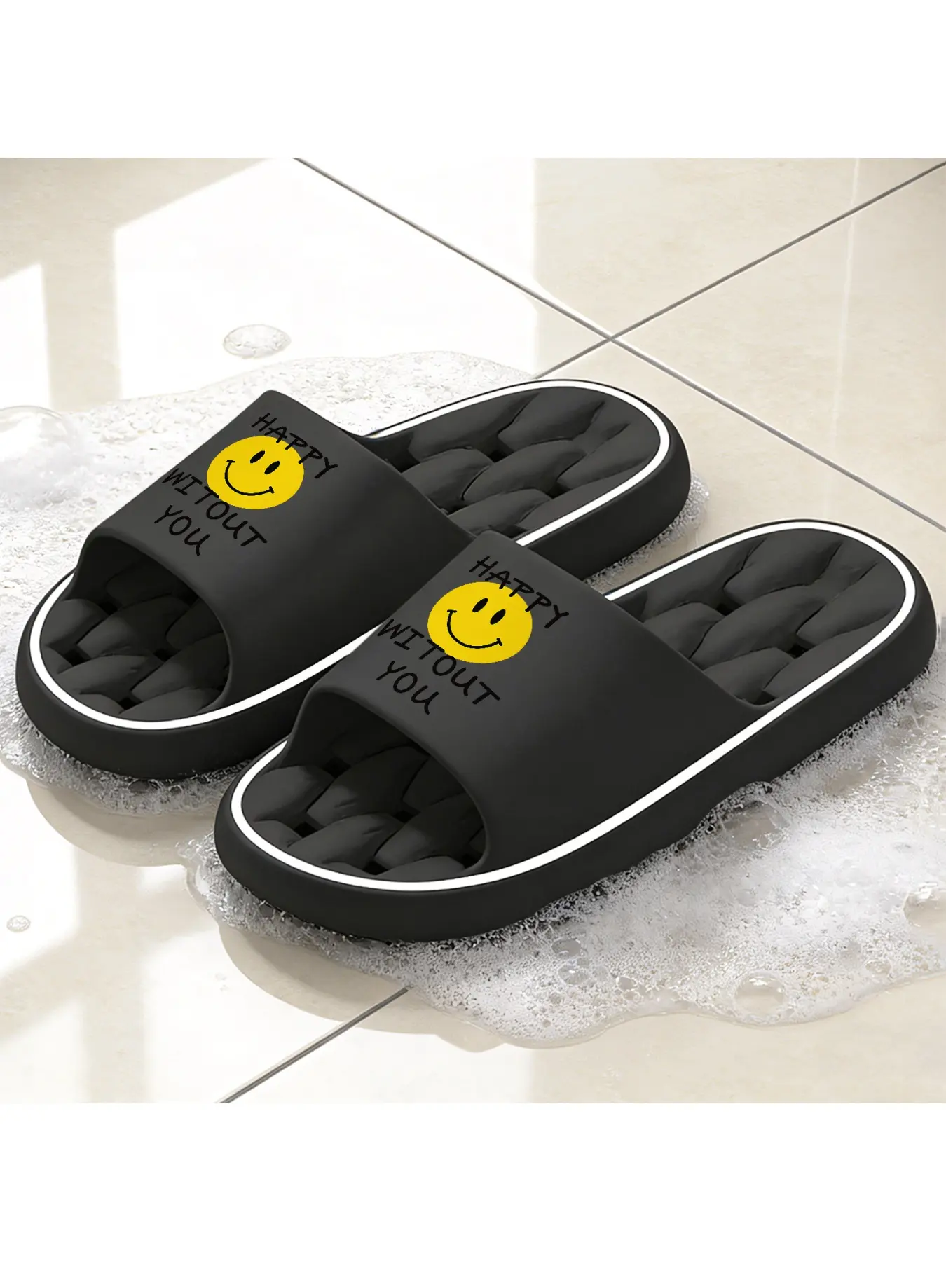 Happy Without You Smiley Print Hollow-Out Slippers for Women and Men, Summer Indoor Outdoor Use, Non-Slip Quick-Drying Shower Slides for Bathroom, Comfortable Soft Sole Beach Sandals for Vacation,