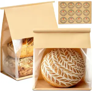100 Pack Paper Bread Bags for Homemade Bread Sourdough Bags, 13.7x10.6x5.5 Inches Resealable Tin Tie Tab Lock Bakery Loaf Bag with Window, Baked Goods Packaging for Gifting and Bake Sale