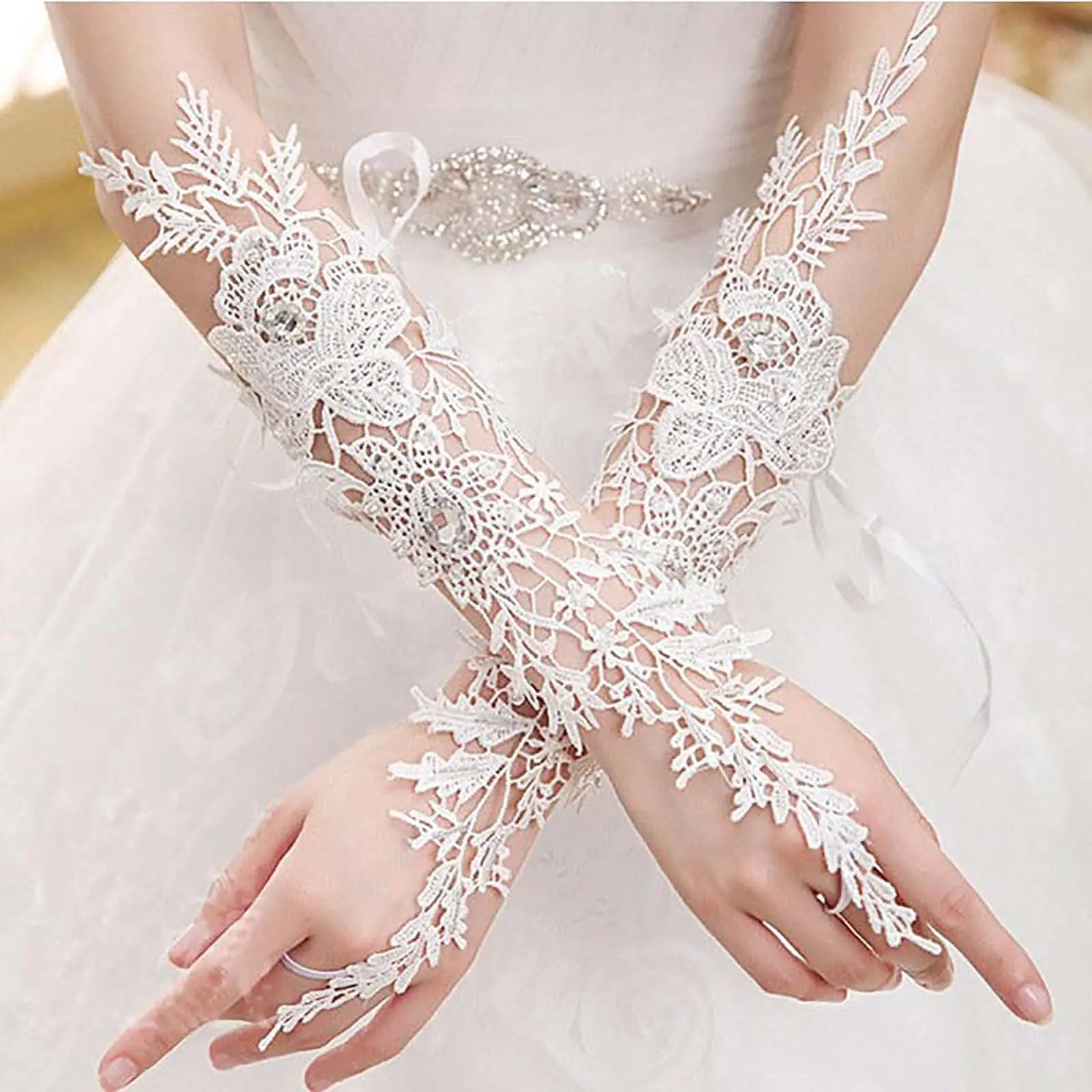 Women’s Ivory Fingerless Elbow-Long Tulle Lace Crystal Rhinestones Floral Design Bridal Gloves, Wedding DIY Specialty Accessory