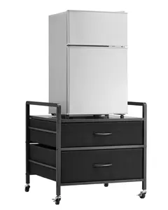 Mini Fridge Stand With Storage And Two Drawers, Black Refrigerator Table With 176 Lbs Capacity, Heavy Duty Kitchen Counter Organizer, Compact Dorm Office Bar Stand Ideal For Small Fridges Or Beverage Coolers