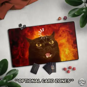 Funny Black Cat TCG Playmat, Head Empty Cat Play Mat With EDH Card Zones, Derpy Slow Cat & Fire For Cat Themed Deck, TCG Gag Gift