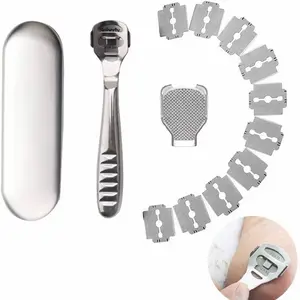 Foot Callus Shaver Heel Hard Skin Remover Stainless Steel Handle Pedicure Razor Tool with 10 Blades for Hand Feet Care