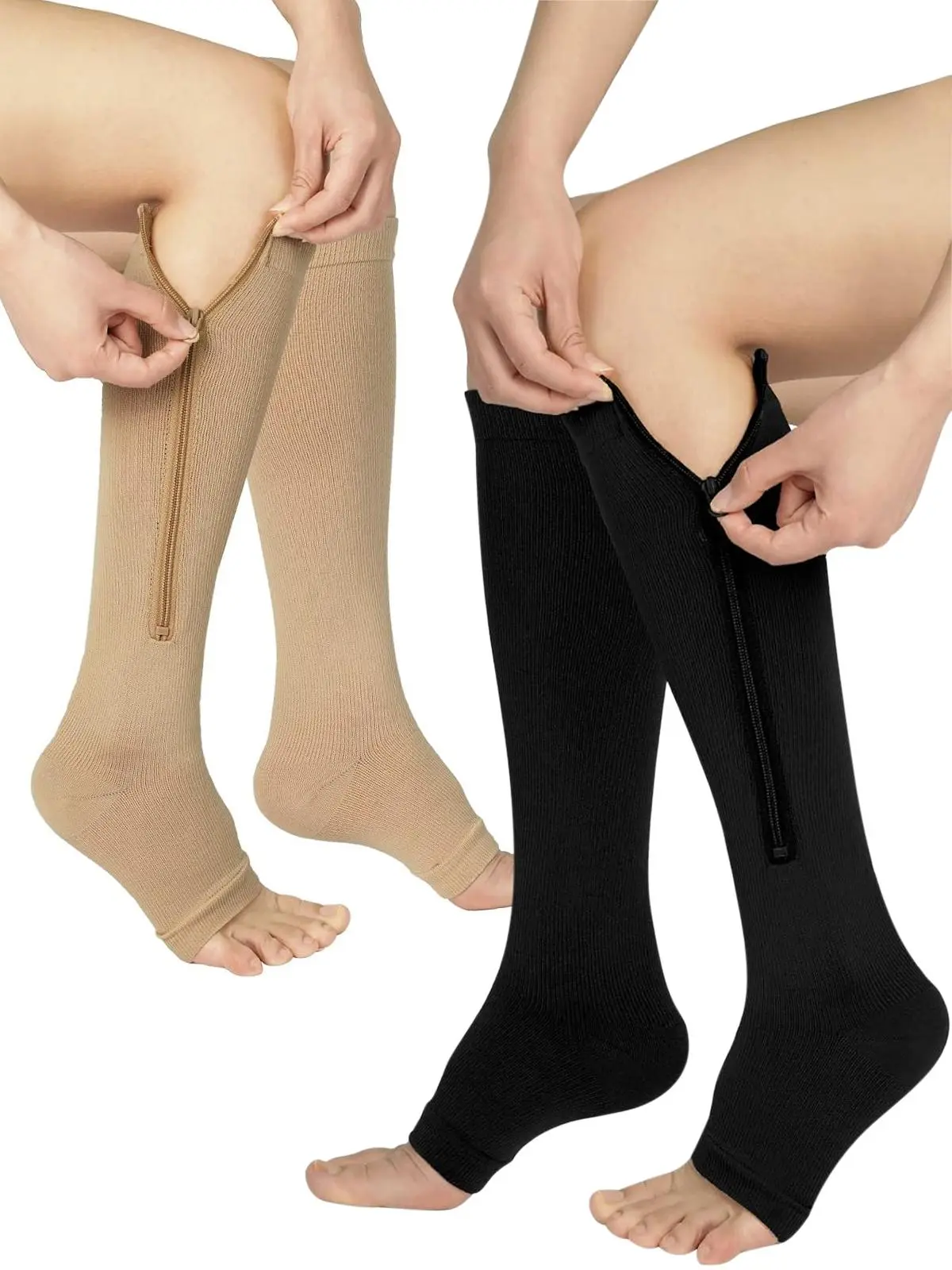 1 Pair Zipper Compression Socks Women & Men - Calf Knee High 15-20mmHg Open Toe Compression Stocking Suit for Walking Tubesocks compressionsocks