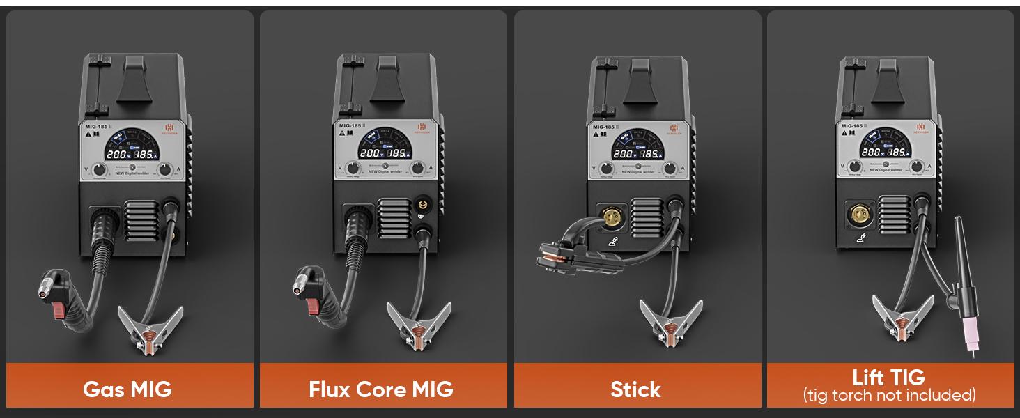 HZXVOGEN MIG185II 185A MIG Welder, 4 in 1 Gas MIG/Flux Core Gasless MIG/Lift TIG/Stick Welder, 110V 220V IGBT Inverter Synergy Multi Process Welding Machine Large LED Screen Display for Beginner
