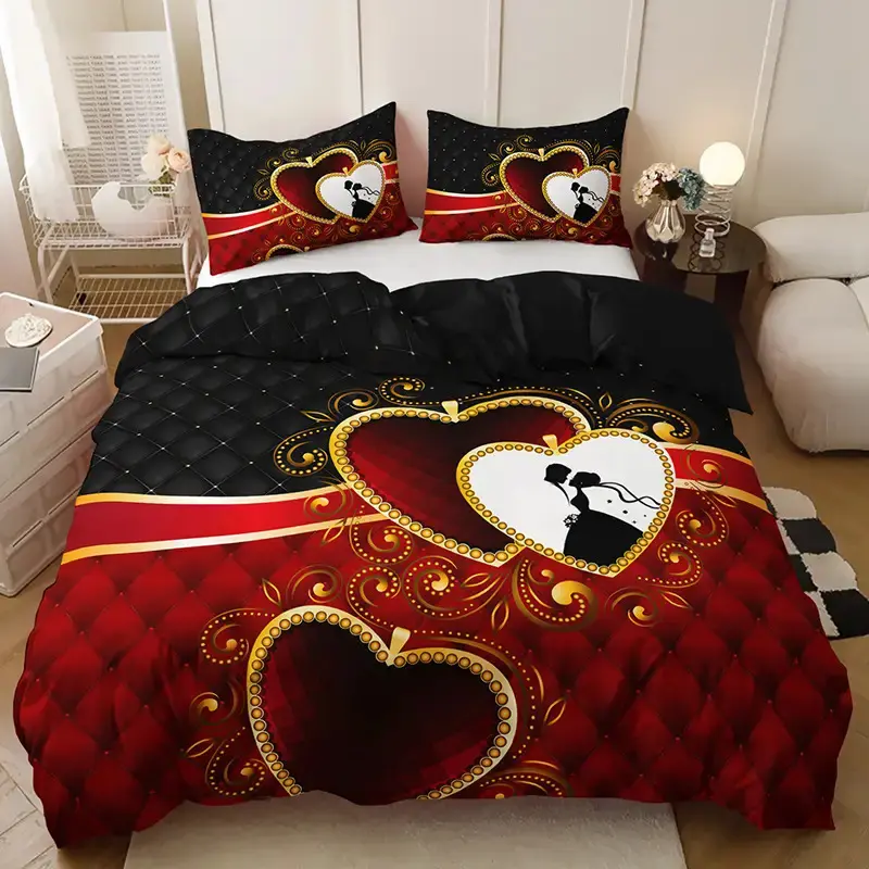 2/3 Piece Red Gold Heart Wedding Couple Pattern Duvet Cover Set 1 Duvet Cover + 1/2 Pillowcases (Pillow Core Not Included) Four Seasons Home Dormitory High-Definition Print