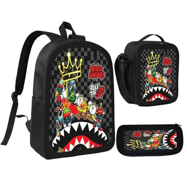 Hip hop Urban Street Style Hip Hop Graffiti Shark Mouth Backpack Set - 3PCS Lightweight School Daypack with Lunch Box & Pencil Case for Teens Kids, Trendy Streetwear Gift