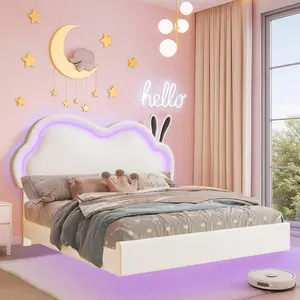 Upholstered Bed Frame With LED Light, Cute Cloud Headboard For Girls, Sturdy Construction, Easy Assembly, No Box Spring Needed