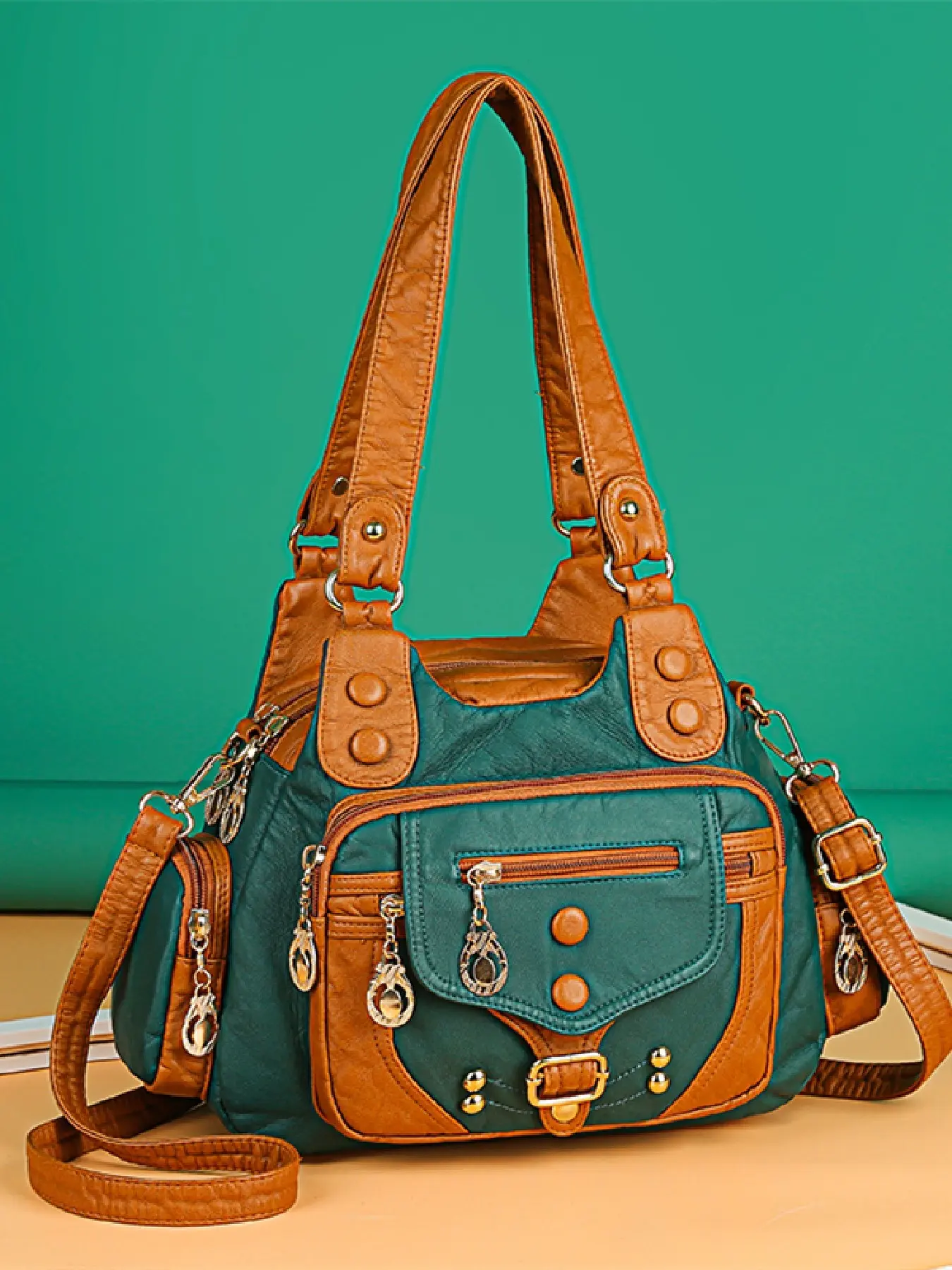 New PU Leather Crossbody Shoulder Bag, Everyday Shoulder Bag, Casual Fashion Bag, Large Capacity Patchwork Design, Adjustable Strap, Multi-Pocket, Fashionable Women's Bag