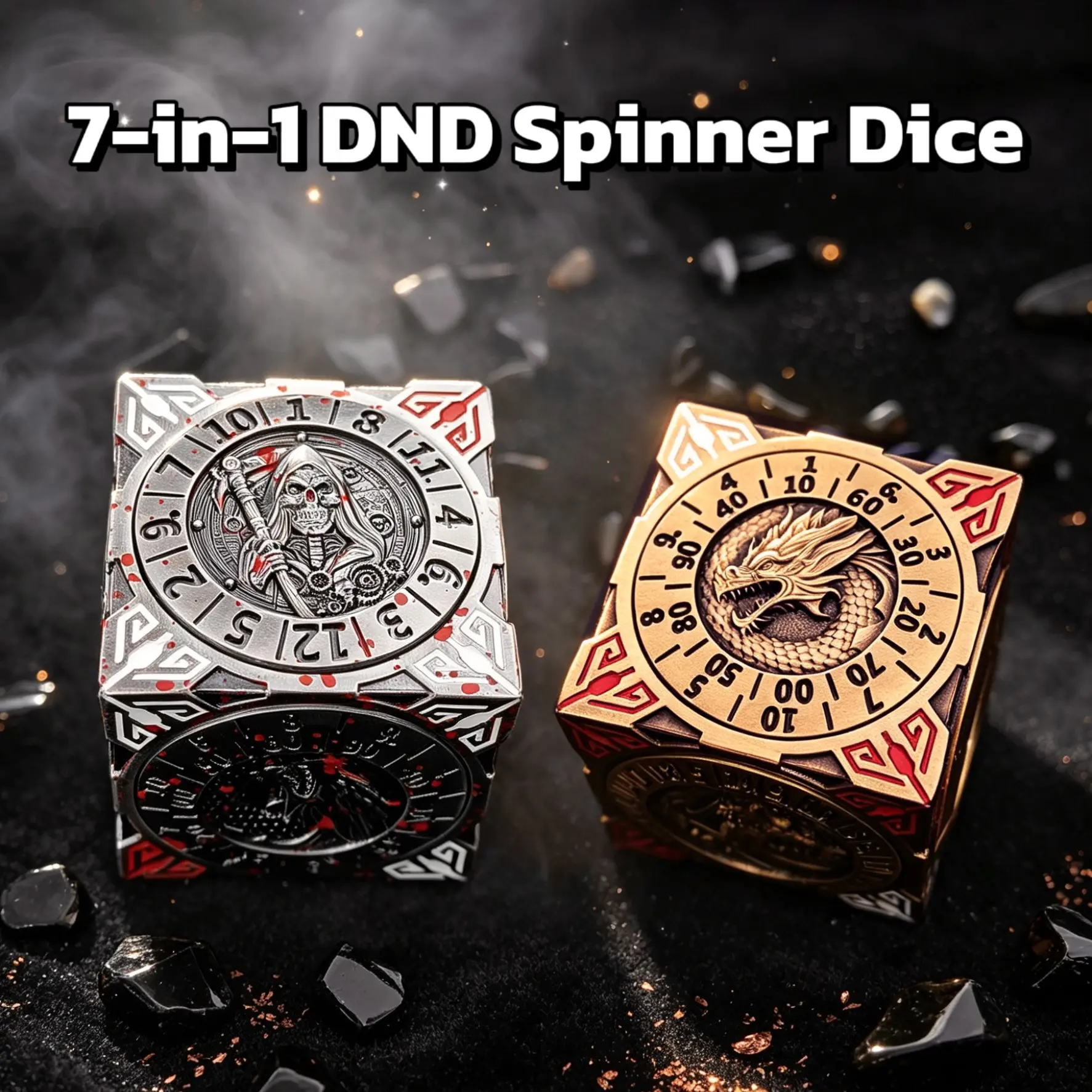 DND Spinning Dice – Unique 7-Piece Metal Cube D&D Dice Set with 3D Relief Dungeon Design – Cool Polyhedral RPG Dice & Fantasy Tabletop Gaming Accessory – Perfect Dungeons & Dragons Gift