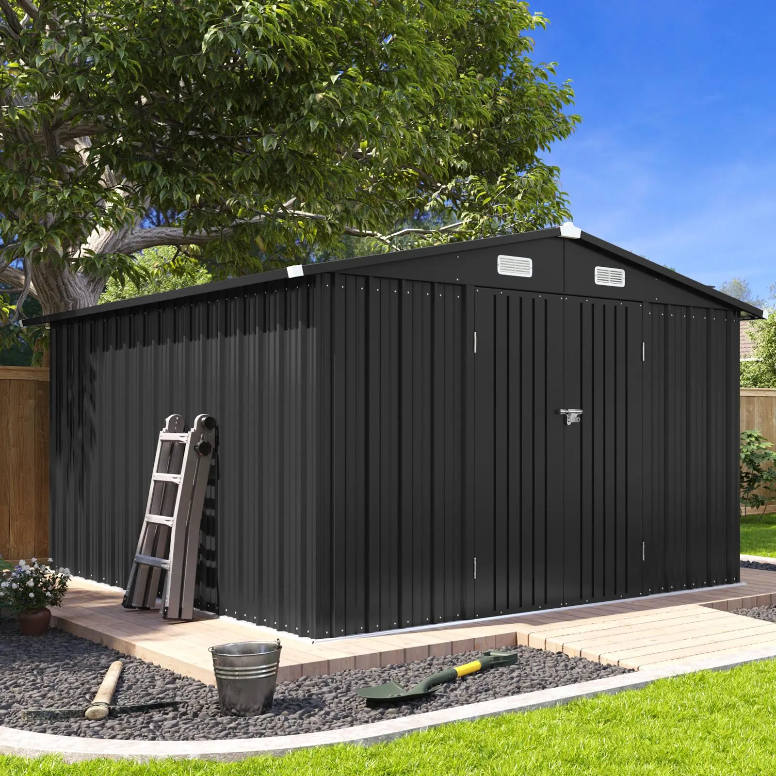 Aoxun Multi-Size Weatherproof Metal Storage Shed (6x4/6x8/10x8/10x12/12x14FT) - Lockable Door, Sloped Roof, Low-Maintenance, Wind-Resistant Gardening Utility Shed for Garden, Backyard, Stash Outdoor Gear, Separate Packs Track Each Box
