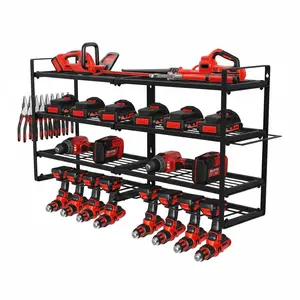 Garvee Wall Mount Tool Organizer with 4-Tier Heavy Duty Metal Storage Shelves and 8 Drill Holders, Garage Storage Rack for Power Tools, Workshop & Garage Shelving in Black