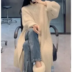 Korean Lazy Style Knitted Dress Women's Early Autumn New Loose over Knee Mid-Length Sweater Dress round Neck Full Sleeve Casual Womenswear