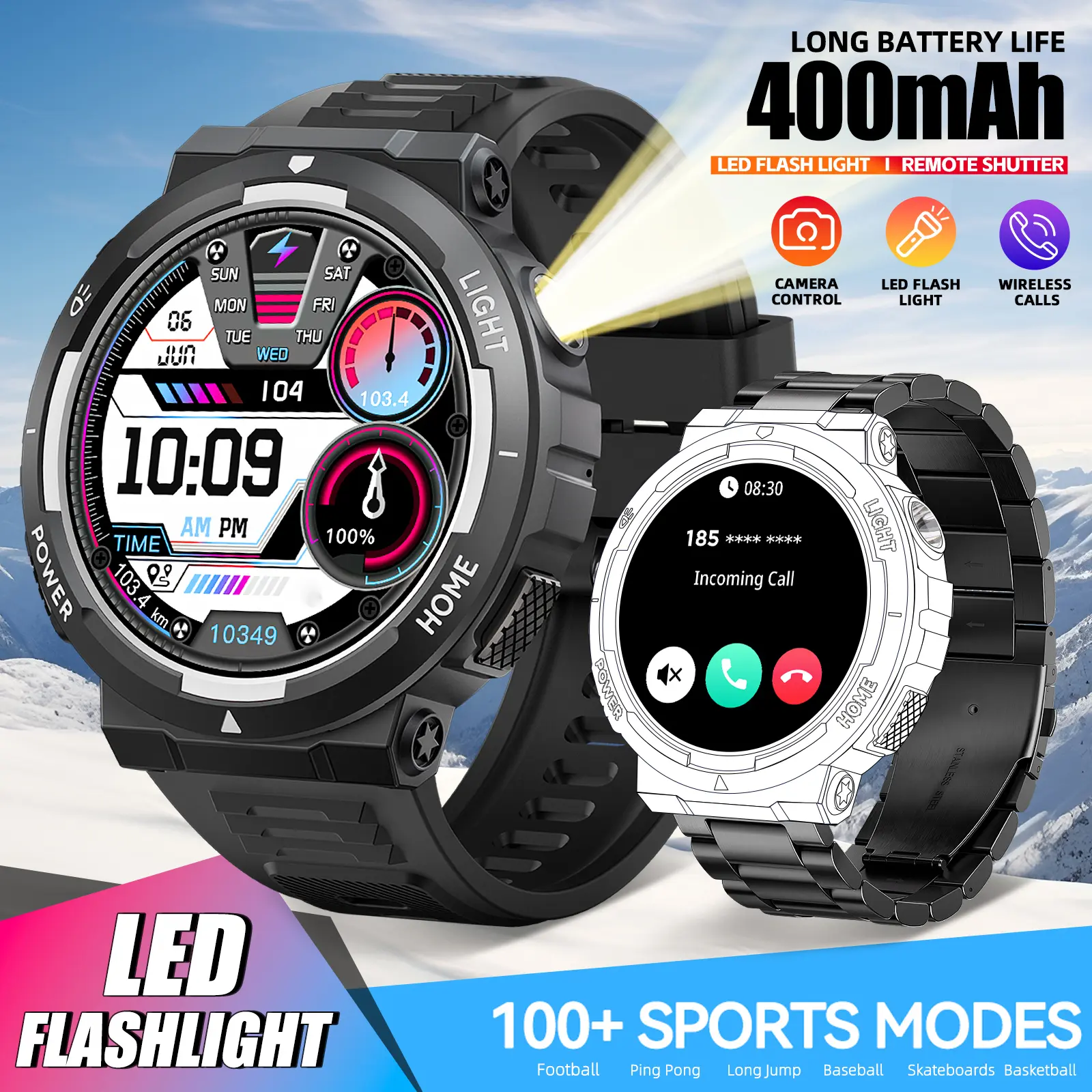 Smart Watches for Men (Answer/Make Call), 1.53" HD Sport Smartwatch, 400mah Battery Life Activity Recorder with 3ATM Waterproof, LED Flashlight/100+Sports/Pedometer for Android iOS